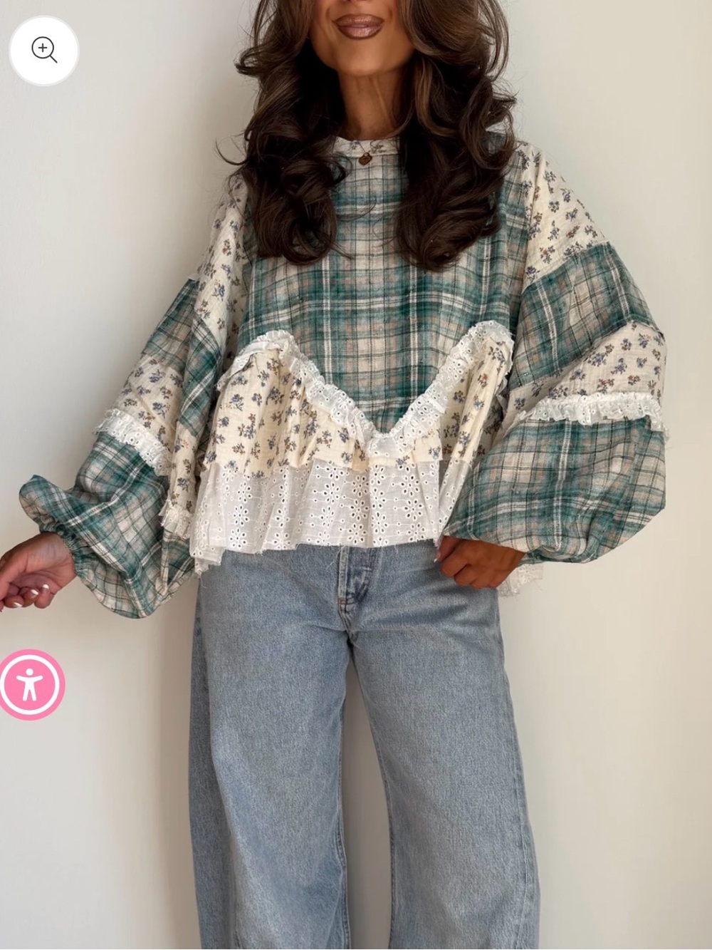 POL Storybook Sweetheart Plaid Ruffle Top with Balloon Sleeves